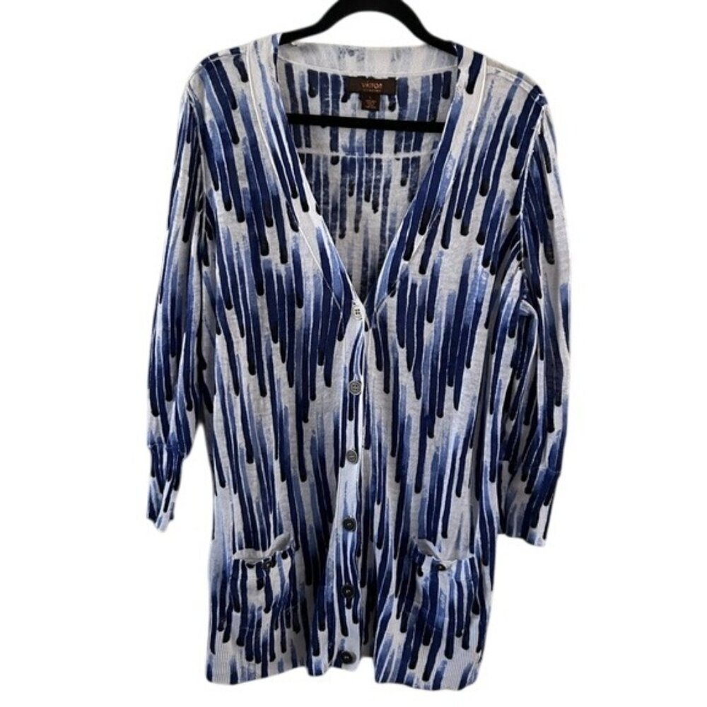 Victor Alfaro 100% Linen Blue & White Long Button Cardigan Abstract